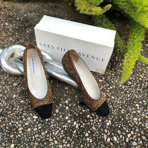 Saks Fifth Avenue Vintage Leopard Print Suede Cap Toe Low Heels